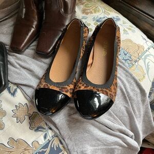 Leopard Print Ballet Flats with Black Patent Toe